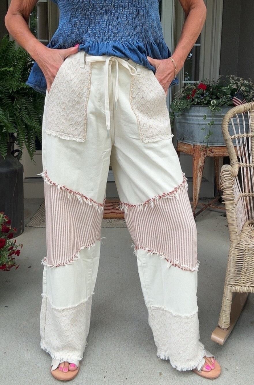 Blue Velvet Cream Stripe Patchwork Wide Leg Pants XL NWT - Cottage Casual